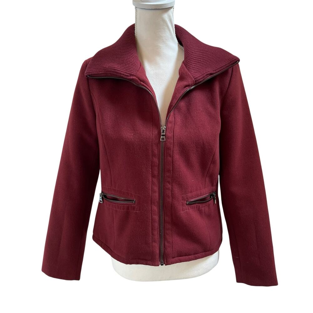 Ann Taylor Petite Burgundy Moto Jacket Full Zip Knit Collar Pockets Coat 6P